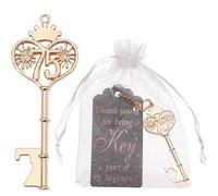 Golden 75th Birthday Favors Décapsuleur en forme de clé pour invités avec sacs en organza et étiquettes, 75 porte-clés de bière pour décoration de fête d'anniversaire (noir et rose, 75)