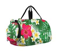 Golden Bees Sac de sport en nid d'abeille pour filles Noir, Fleurs d'hibiscus tropicales vertes, Classique