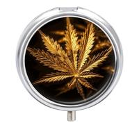 Golden Cannabis - Pilulier rond à 3 compartiments avec miroir de voyage, petit pilulier de voyage, organisateur de vitamines portable pour le quotidien pour poche et sac à main