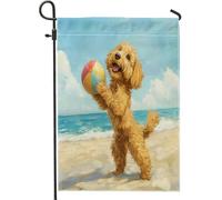 Golden Doodle Drapeau de jardin double face pour décoration extérieure, chiot de plage, peinture à l'huile sur toile, drapeau de maison, animal de compagnie, petit drapeau de pelouse