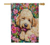 Golden Doodle Drapeau de maison en toile de jute avec motif chien 71,1 x 101,6 cm double face pour extérieur, peinture à l'huile, fleurs de pêche, drapeau en lin, drapeau de porche pour animal