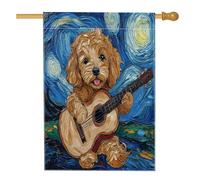 Golden Doodle Drapeaux pour maison de chien 71,1 x 101,6 cm double face, motif guitare de nuit étoilée, drapeaux standard en toile de jute pour maison, chiot pour décoration extérieure