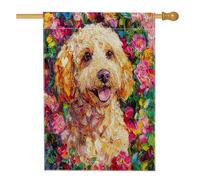 Golden Doodle Drapeaux pour maison de chien 71,1 x 101,6 cm double face, peinture à l'huile fleur de pêche, avant cour, arrière-cour, drapeaux verticaux pour la maison, drapeaux en toile de jute pour