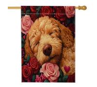Golden Doodle Drapeaux pour maison de chien 71,1 x 101,6 cm double face pour extérieur, Saint-Valentin, roses romantiques, lin vertical, drapeau imprimé pour la maison, pour animaux de compagnie