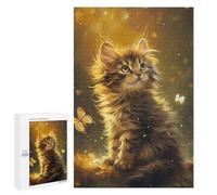 Golden Fluffy Kitten with Butterflies - Jeu D’Assemblage en Bois, 1000 PCS, Activité De Fête du Nouvel an, pour Se Détendre À La Maison sans Écran