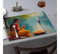 Golden Girls Gifts Lot de 4 sets de table en silicone pour comptoir de cuisine Motif A Woman In Traditional Attire Performs A Ritual By A Serene Lake