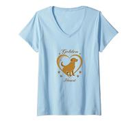 Golden Heart Golden Retriever Love Paw Prints Dog Lovers T-Shirt avec Col en V, Femme, Bleu Céleste, XXL