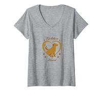 Golden Heart Golden Retriever Love Paw Prints Dog Lovers T-Shirt avec Col en V, Femme, Gris Chiné, XXL