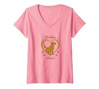 Golden Heart Golden Retriever Love Paw Prints Dog Lovers T-Shirt avec Col en V, Femme, Rose, XL