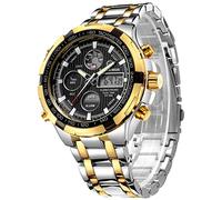 GOLDEN HOUR Luxe Acier Inoxydable Analogique Numérique Montres pour Hommes Hommes Sport De Plein Air Étanche Gros Bracelet (Silver Gold Black)