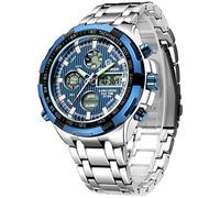 GOLDEN HOUR Luxe Acier Inoxydable Analogique Numérique Montres pour Hommes Hommes Sport De Plein Air Étanche Gros Bracelet Bleu argenté