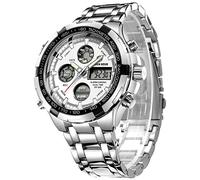 GOLDEN HOUR Luxe Acier Inoxydable Analogique Numérique Montres pour Hommes Hommes Sport De Plein Air Étanche Gros Bracelet (Silver White)
