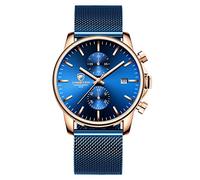 GOLDEN HOUR Montre à Quartz analogique Tendance et Minimaliste en Maille d'acier Inoxydable étanche chronographe pour Homme avec Date Automatique Or Rose Bleu