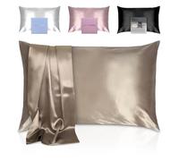 Golden Hour - Taie d'oreiller en Soie de Luxe pour Les Cheveux et la Peau, 100% Pure Soie de mûrier - Qualité supérieure 22 mommes des Deux côtés - Coffret Cadeau (Queen, Beige doré)