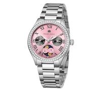 GOLDEN MAPLE Montre de luxe bicolore avec lunette en cristal, cadran phase de lune, chiffres romains, bracelet en acier inoxydable argenté et doré, rose, Luxe :