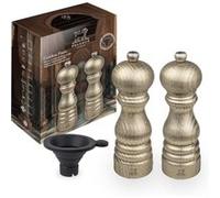 PEUGEOT - Duo de Moulin à Poivre + Moulin à Sel Paris 18 cm - Entonnoir Silicone, 1 Sachet de Sel Sec & 1 Sachet de Poivre du Vietnam Inclus - Fabrication Française - Bois de Hêtre - Patine Dorée