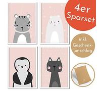 Golden Posters 4er Bilder Set Poster hochwertig süße Motive mit Tieren - Bilder Deko Kinderzimmer Mädchen und Junge - Bilderset Baby - Papier DIN A 4 300g/m2 Katze, Bär, Tiger, Pinguin (Rosa)