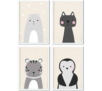 Golden Posters Set de 4 posters pour chambre d'enfant pour fille et garçon - chat, ours, tigre, pingouin - sable (DIN A4)