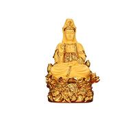 Golden Quan Yin Statue de Bouddha assis sur Lotus - Déesse de la Miséricorde, Divinité bouddhiste, Protecteur des femmes, Sculpture de décoration d'intérieur de collection, cadeau spirituel, 19,1 cm