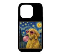 Golden Retriever Art Chien Soufflant Rose Bubble Gum Coque pour iPhone 15 Pro