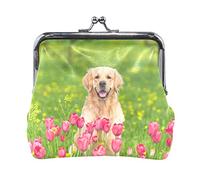 Golden Retriever Assis dans des Champs De Fleurs De Tulipes Mode Mignon Classique Boucle Exquise Mini Porte-Monnaie Kiss-Lock Changement Portefeuilles pour Femmes Filles