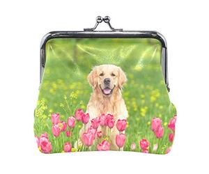 Golden Retriever Assis dans des Champs De Fleurs De Tulipes Mode Mignon Classique Boucle Exquise Mini Porte-Monnaie Kiss-Lock Changement Portefeuilles pour Femmes Filles