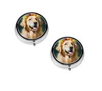 Golden Retriever Boîte à pilules ronde portable avec imprimé chien - Organiseur de pilules rond élégant pour compartiments de voyage, cadeau pour la gestion des médicaments