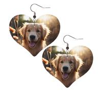 Golden Retriever - Boucles d'oreilles pendantes légères en cuir avec motif cœur et fleurs