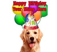 Golden Retriever Carte d'anniversaire avec chapeau de fête personnalisable A5