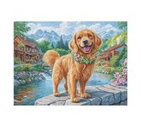 Golden Retriever Champ de Fleurs Animal de Compagnie Mignon Faune Sauvage Puzzle 500 Pièces pour Adultes Amusant Stimulant Et Relaxant Parfait pour Hobby Et Moments en Famille 500 PCS（52×38cm）