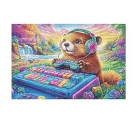 Golden Retriever DJ Casque Audio Champ de Fleurs Puzzle 1000 Pièces pour Adultes Agréable Captivant Et Créatif Parfait pour Loisirs Et Moments en Famille （75x50cm）