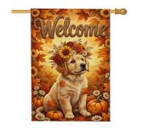 Golden Retriever - Drapeau de bienvenue d'automne - 71,1 x 101,6 cm | Golden Retriever, drapeau de cour, floral royal, citrouilles, feuillage d'automne, panneau de bienvenue