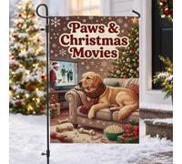 Golden Retriever Drapeau de jardin avec citation du film de Noël 30,5 x | Golden Retriever, drapeau de cour, écharpe à carreaux, soirée cinéma, flocons de neige d'hiver, décoration d'intérieur