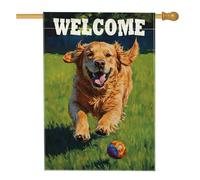 Golden Retriever Drapeau de jardin bienvenu, chien heureux jouant à la balle de pelouse, décoration de pelouse, décoration d'été double face, 71,1 x 101,6 cm