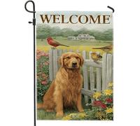 Golden Retriever Drapeau de jardin bienvenu, chien saisonnier printanier, bannière de cour, œuvre d'art botanique double face, décoration de pelouse extérieure, 30,5 x 45,7 cm
