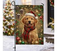 Golden Retriever Drapeau de jardin portrait de Noël 30,5 x 45,7 cm | Chapeau de Père Noël, drapeau de cour, écharpe à carreaux, pommes de pin, décorations de Noël, baies de houx