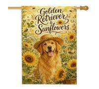 Golden Retriever Drapeau de maison rustique, tournesols et abeilles, jaune d'été double face en toile de jute décorative pour extérieur, terrasse, pelouse, entrée, camping, 71,1 x 101,6 cm