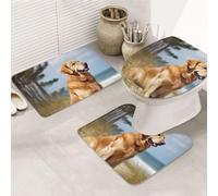 Golden Retriever - Lot de 3 tapis de salle de bain en forme de U + tapis de bain antidérapant en microfibre + tapis de couvercle de toilette doux et absorbant pour décoration d'intérieur