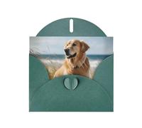 Golden retriever on the beach Carte de vœux horizontale en papier nacré pour cartes d'anniversaire et toutes les occasions, vert foncé