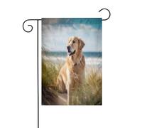 Golden retriever on the beach - Drapeau de jardin imprimé 30,5 x 45,7 cm pour décoration extérieure, tissu avec manchon de 3 cm, convient pour jardin, pelouse, terrasse, balcon