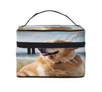 Golden Retriever on The Beach - Grande trousse de maquillage imperméable pour voyage et salle de sport, organiseur de maquillage avec 4 sangles élastiques et compartiments, tissu sergé de qualité