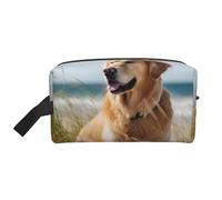 Golden Retriever on The Beach Trousse à cosmétiques imprimée avec poignée, rangement léger et compact pour maquillage, articles de toilette et gadgets, organiseur de maquillage pour voyage, école