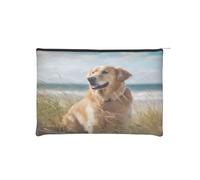 Golden Retriever on The Beach Trousse à maquillage réutilisable en papier imperméable et légère pour voyage, école et usage quotidien Motif imprimé intégral pour femmes, étudiants, éco-conscient, Noir