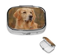 Golden Retriever Petit pilulier à 2 compartiments, pilulier quotidien portable en métal pour poche, sac à main, boîte à pilules de voyage avec miroir carré, support de médicaments et vitamines, cadeau
