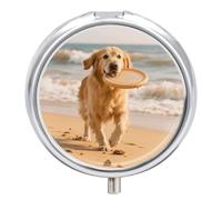 Golden Retriever Pilulier avec miroir rétro 3 compartiments Petit pilulier rond en métal ou vitamines pour supplément d'huile de poisson pour sac à main de voyage