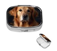 Golden Retriever Pilulier carré portable à 2 compartiments pour poche ou sac à main, pilulier hebdomadaire, organiseur décoratif en métal pour médicaments, vitamines, cadeau de voyage
