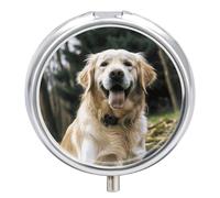 Golden Retriever Pilulier de voyage amusant à 3 compartiments avec miroir, pilulier quotidien en métal pour sac à main et poche, petite boîte à médicaments ronde portable