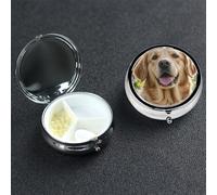 Golden Retriever Pilulier décoratif à 3 compartiments avec miroir pour sac à main ou poche Petit pilulier rond en métal pour médicaments, comprimés et vitamines, cadeau de voyage