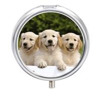 Golden Retriever Puppies Pilulier à 3 compartiments pour sac à main ou poche Mini pilulier en métal, récipient à médicaments quotidien rond pour contenir des vitamines, de l'huile de poisson