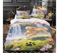 Golden retriever qui court 3D Imprimé Drap de couette 3 pièces Microfibre éclair caché forêt de champignons fantastique Housse de couette 2 taies lavable machine adolescents adultes King（220x240cm）